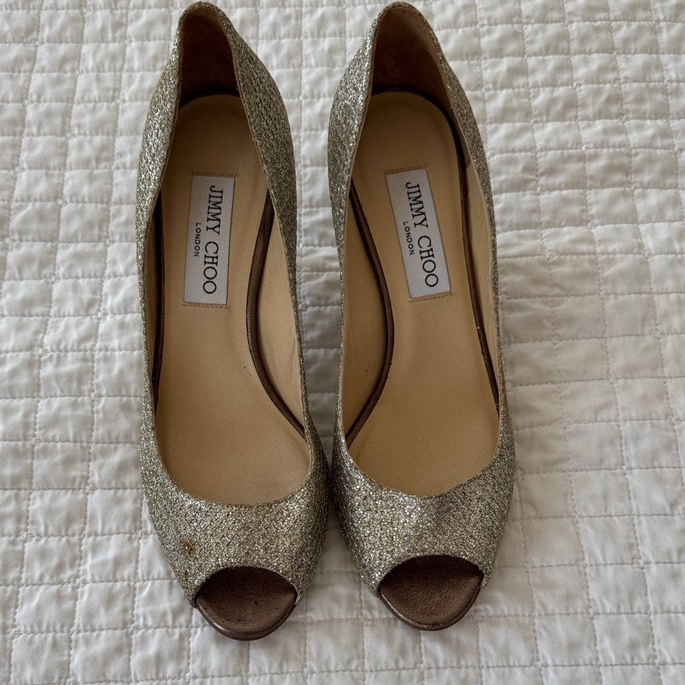 Jimmy Choo Glittering Gold Peep Toe Heels